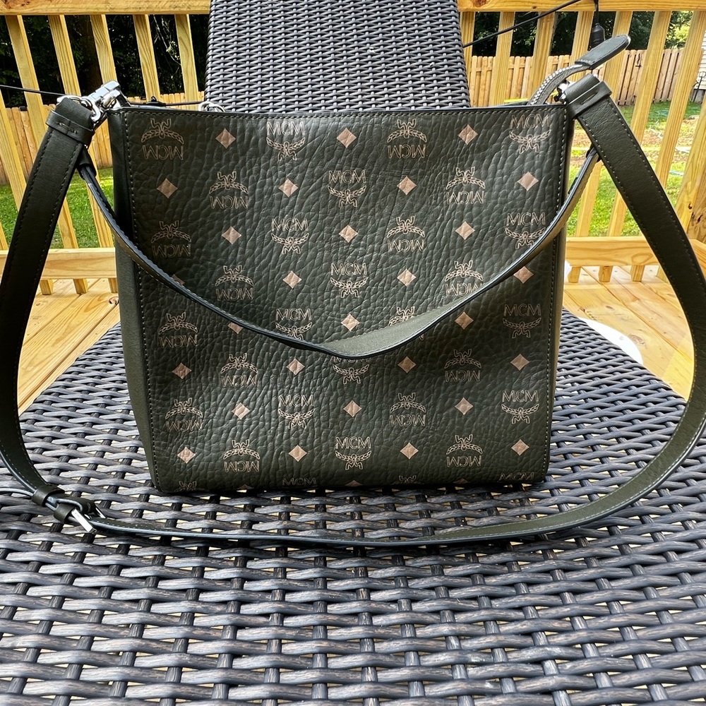MCM Dark Green Shoulder Bag with Monogram